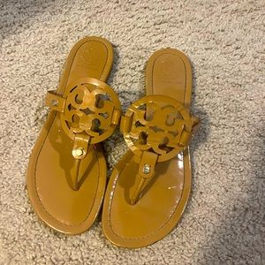 Tory Burch Miller sandals in tan patent leather, size 10. Only worn a few times.